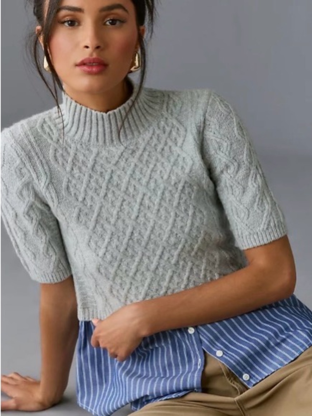 Anthropologie MAEVE Melinda cropped two-fer short sleeve  gray sweater S BTS